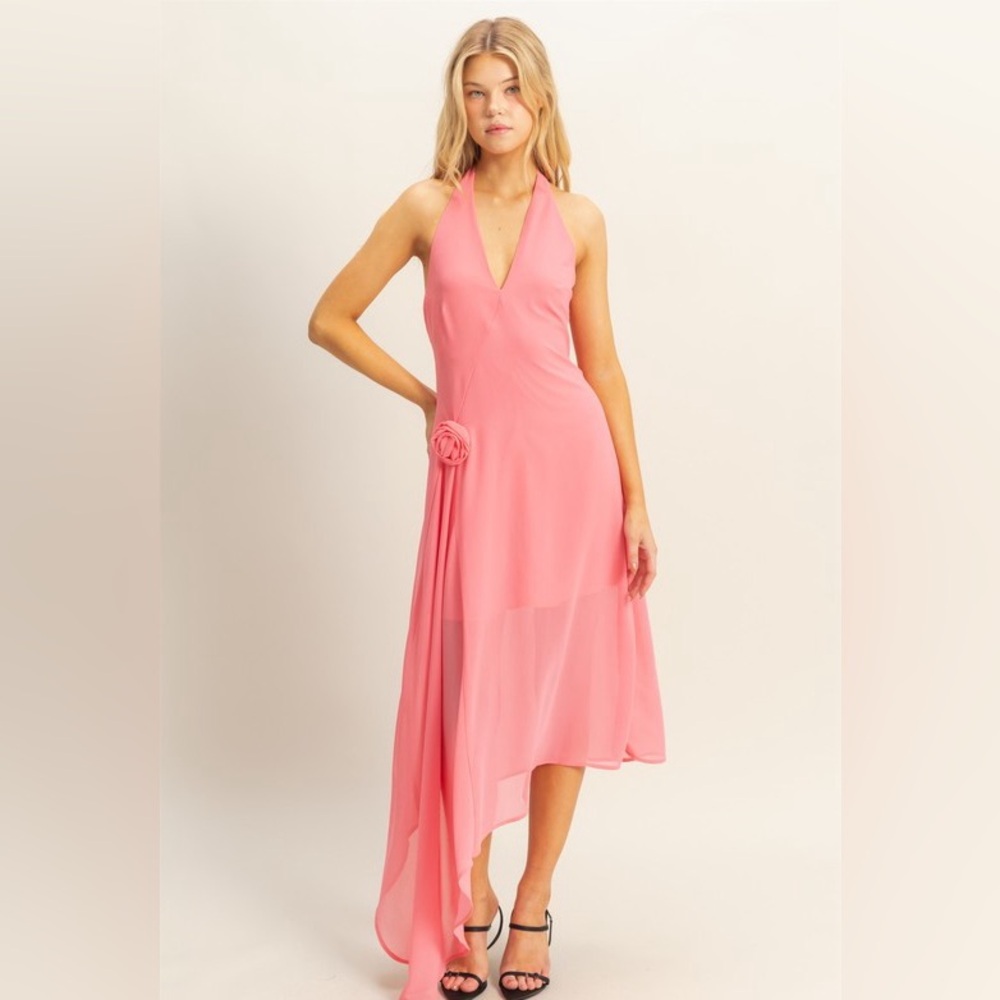 NWT HYFVE Pink Chiffon Halter Dress with Rose Detail - Asymmetrical Hem, S-L
